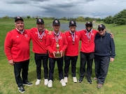 The Hunterdon Central Regional team (left to right) Coach Chris Gacos, Zachary Fisher, Alex Yong, Jeffery Yong, Isaiah Williams and  Joe Meola are the Skyland Conference Boys Golf meet 2023 Champions during the Skyland Conference Boys and Girls Championship at Heron Glen Golf Course Wednesday, May 3, 2023 in Ringoes, N.J.