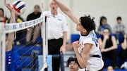 Alaittim DeLeon (10) of Harrison hits a kill shot during the boys volleyball game between Harrison and Wood-Ridge at Harrison High School in Harrison, NJ on Thursday. April 17, 2025