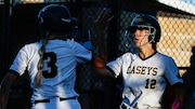 Grace Lombardi (3) and Nicole Knox (12) of Red Bank Catholic celebrate after Knox tied the game 1-1 in the first during the Shore Conference Tournament softball final between Red Bank Catholic and Colts Neck at Count Basie Park in Red Bank, NJ on 5/19/25.