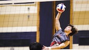 Benjamin Braudo (11) of Fair Lawn hits the ball over during the boys volleyball game between Hackensack and Fair Lawn at Hackensack High School in Hackensack, NJ on Friday, April 26, 2024.