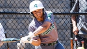 Kaelyn Brown (9) of DePaul tries to put the ball in play during the Passaic County Tournament softball final between Passaic Valley and DePaul at Independence Park in Riverdale, NJ on 5/10/25.