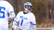Logan Healey (1) of Warren Hills is fired up after scoring a goal against Voorhees during the boys lacrosse game at Voorhees High School in Glen Gardner, NJ on Thursday, April 3, 2025.