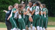 Camden Catholic players celebrate after defeating Paul VI in a South Jersey Non-Public A first round softball game at Paul VI High School in Haddon Township, Tuesday, May 27, 2025.