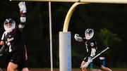 Brady Kushner (20) of Don Bosco celebrates with Dashiell Lane (2) of Don Bosco after his goal during the boys lacrosse game between Don Bosco and Bergen Catholic in the Bergen County Tournament Final at Mahwah High School in Mahwah, NJ on Monday, May 12, 2025.