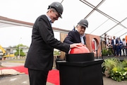 New Jersey governor Phil Murphy, left, and Netflix Co-CEO Ted Sarandos at the groundbreaking ceremony for Netflix's new production facility at the former NJ army base Fort Monmouth on Tuesday, May 13, 2025.