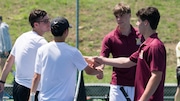Garrett Feher and Aidan Wong of Chatham (left) shake with Luke Cimino and Scott Sullivan of Madison at the completion of the 1st doubles match at the Morris County high school boys tennis tournament finals on Saturday in Morristown.  05/17/2025