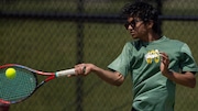 Swarit Singh of JP Stevens hits a return in third singles during the Greater Middlesex Conference Boys Tennis Tournament Finals at Veterans Park in Hamilton, NJ on Thursday, May 1, 2025.