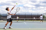 Juri Jong of Ridgewood serves the ball against Tyler Yecies of Dwight-Englewood during the second doubles match of the boys tennis Bergen County Tournament Final at Northern Valley Old Tappan High School in Old Tappan, NJ on Sunday May 18, 2025.