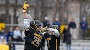 Chase Caulder (26) of Moorestown celebrates after scoring a goal to give the Quakers an 8-7 lead in the fourth quarter during a boys lacrosse game against Shawnee at Moorestown High School, Thursday, April 10, 2025.