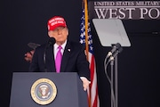 President Donald Trump speaks to United States Military Academy graduating cadets during commencement ceremonies in West Point, N.Y., Saturday, May 24, 2025. (AP Photo/Adam Gray)