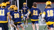 Chubb Reid (1) of Jefferson (center) celebrates with his team after defeating Randolph in the boys lacrosse game at Jefferson Township High School in Oak Ridge, NJ on Tuesday, May 20, 2025.