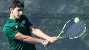 Camron Ganchi of Montclair Kimberley hits a return in second singles during the boys tennis match between Montclair Kimberley and Millburn at Montclair Kimberley Academy Middle School in Montclair, NJ on 5/19/25.
