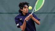Shea Patel of Pingry hits a return in first doubles during the Bryan Bennett tennis final between Pingry and West Windsor-Plainsboro South at Randolph Tennis Center in Randolph, NJ on 4/6/25.