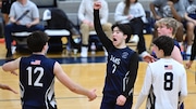 Kevin Tinio (7) of Randolph reacts during the boys volleyball game between Summit and Randolph at Randolph HS in Randolph, NJ on Wednesday, April 17, 2024.