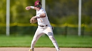 Liam Melvin (1) of Madison fields a ground ball and throws to first base for an out during the baseball game between Pequannock and Madison at Madison HS in Madison, NJ on Monday, April 22, 2024.