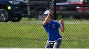Drew Stengel of Woodstown hits a return during the first doubles match against Clearview during a boys tennis match at Clearview Regional High School in Harrison Township, Friday, May 12, 2023.