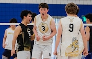 Jonah Krinic (13) of Southern reacts after a point in the second set during the Shore Conference Tournament boys volleyball final between Southern and Marlboro at Georgian Court University in Lakewood, NJ on 5/22/25.