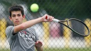 Logan Knasiak of Lenape hits a return in first singles during the NJSIAA South Jersey, Group 4 boys tennis quarterfinal between Lenape and Millville at Lenape High School in Lenape, NJ on 5/27/25.