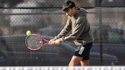 Drake Brandeis of West Essex reaches for a return in singles during the tennis match between West Essex and Newark Academy at West Essex High School in North Caldwell, NJ on 4/8/25