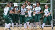 Lauren Hak (2) of Camden Catholic celebrates with her teammates at home plate after hitting a home run during a South Jersey Non-Public A first round softball game against Paul VI at Paul VI High School in Haddon Township, Tuesday, May 27, 2025.