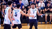 Jeremy Rivera (7) of the Harrison Blue Tides celebrates with teammates after making a play against Hudson Catholic during the boys volleyball Hudson County Tournament final at County Prep HS in Jersey City, NJ on Saturday, May 17, 2025