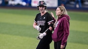 Charlotte Yarnall (11) of Summit reacts after hitting a single against Scotch Plains-Fanwood during the Union County softball final at Kean University in Union, NJ on Tuesday, May 20, 2025