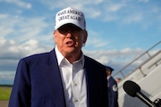 President Donald Trump speaks to reporters before boarding Air Force One at Morristown Municipal Airport in Morristown, N.J., Sunday, May 25, 2025. (AP Photo/Manuel Balce Ceneta)