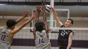 Oscar Lapinski, 12, Old Bridge hits the ball during the  Old Bridge vs Monroe high school boys volleyball in the Greater Middlesex Conference Tournament championship game at Old Bridge, NJ on Tuesday, May 20, 2025