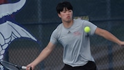 Ian Lam of Cherry Hill East hits a return during the  Olympic Conference American Division Boys Doubles Tennis Final against Cherry Hill East at Eastern Regional High School in Voorhees, Wednesday, May 7, 2025.
