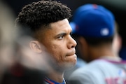 New York Mets' Juan Soto looks on before a baseball game against the Washington Nationals, Saturday, April 26, 2025, in Washington. (AP Photo/Nick Wass)